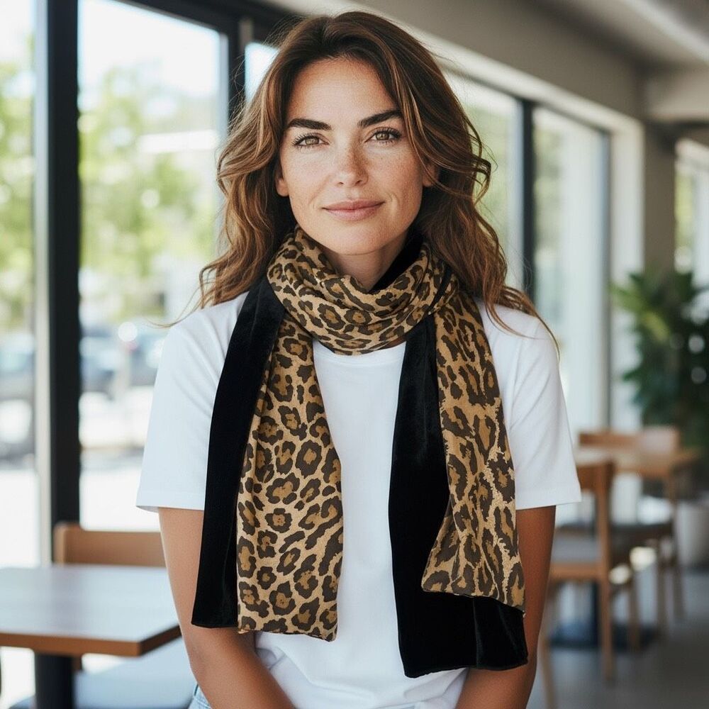 Nick & Nora Silk Leopard Print Scarf‎ Black Luxurious Velvet Romantic Designer